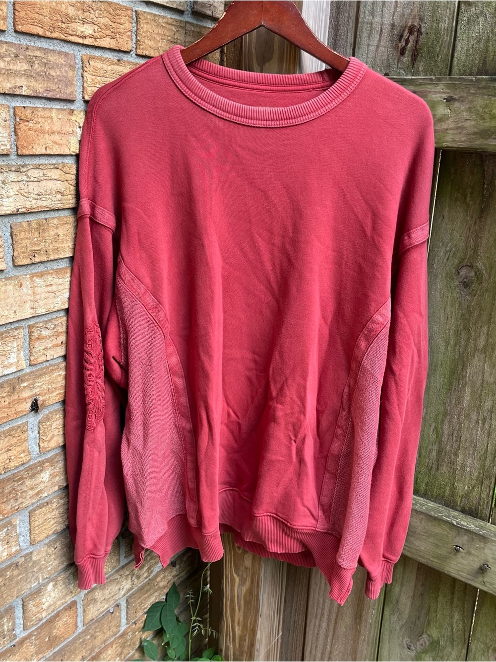 Aerie Oversized Washed Rose Red Crewneck Sweatshirt Embroidered Elbows
